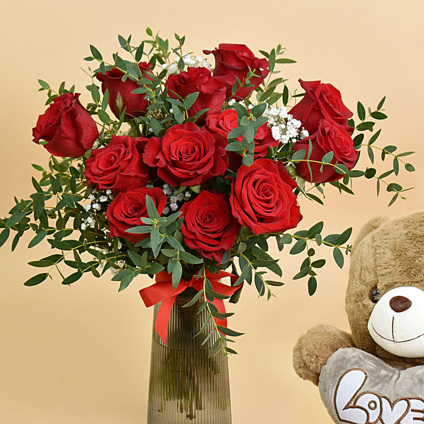 12 Red Roses in Premium Vase And Teddy