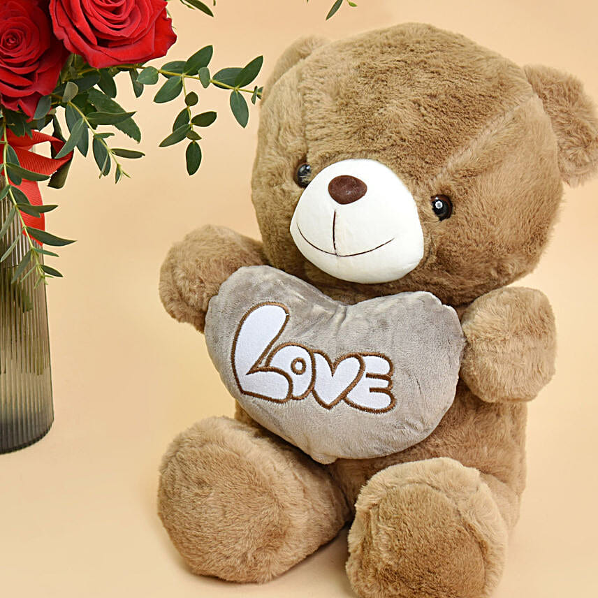 12 Red Roses in Premium Vase And Teddy