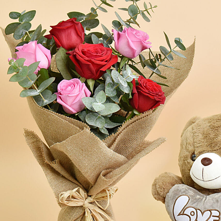3 Pink 3 Red Roses Valentines Bouquet And Teddy