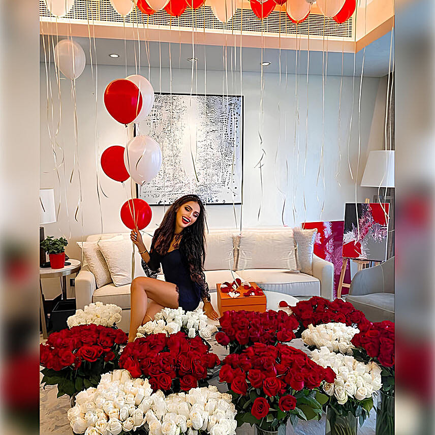 Balloons with Room Full of Roses