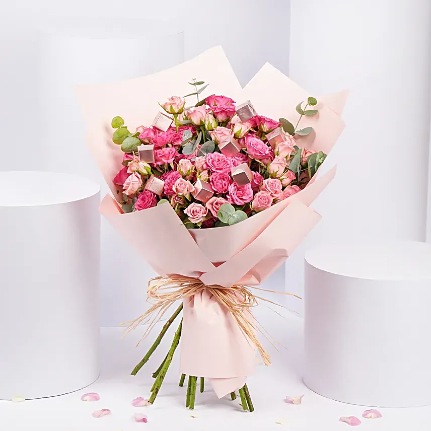Blushing Pink Spray Roses with Chocolates