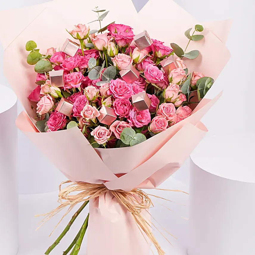 Blushing Pink Spray Roses with Chocolates
