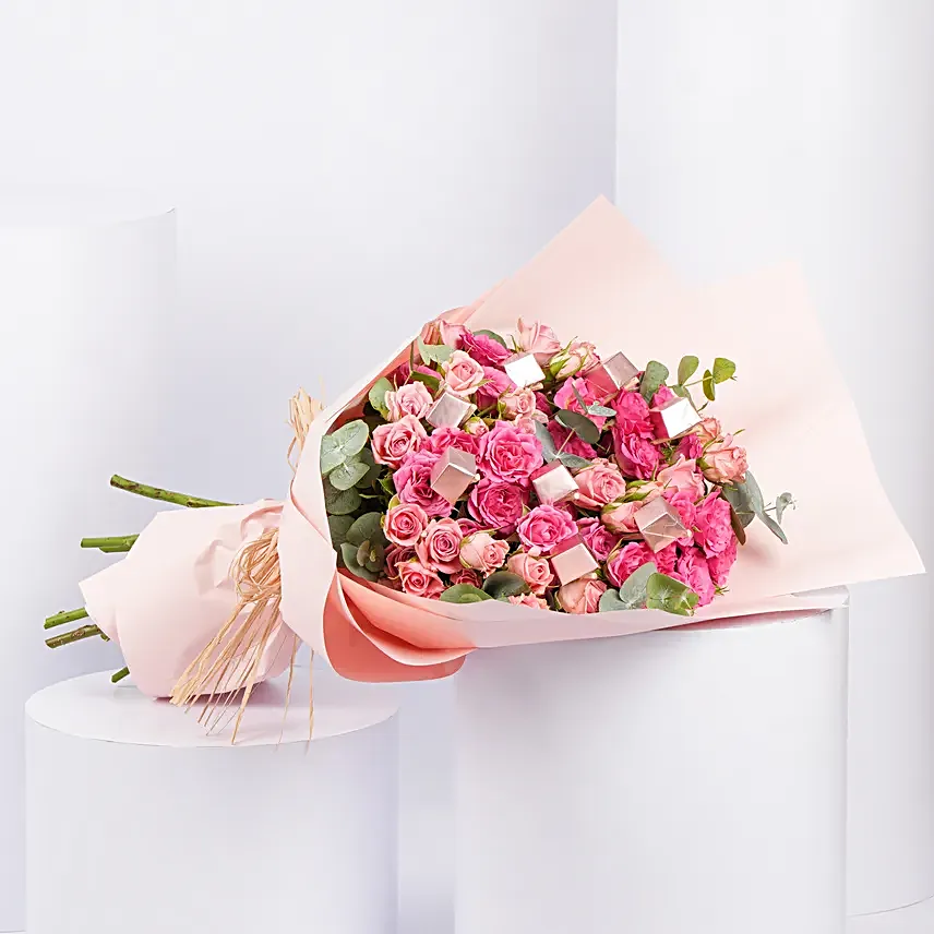 Blushing Pink Spray Roses with Chocolates