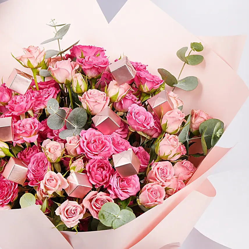 Blushing Pink Spray Roses with Chocolates