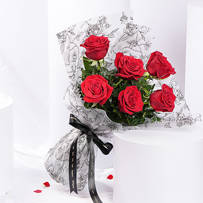 Bouquet of 6 Red Roses for Valentines