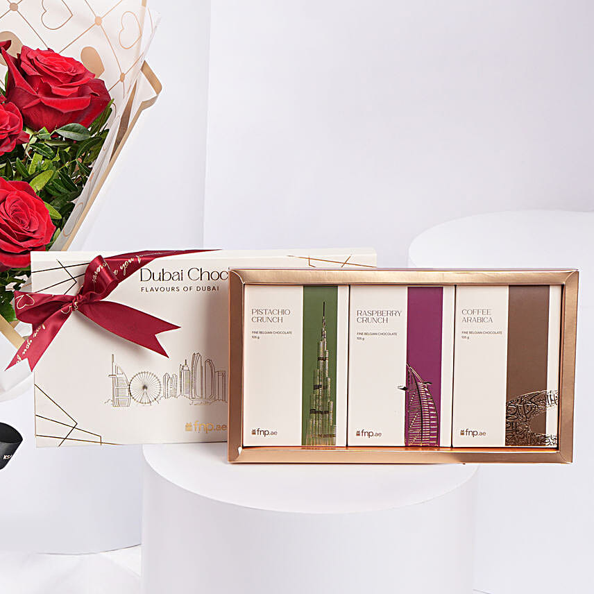 Bouquet of 9 Red Roses With Dubai Chocolates for Valentines