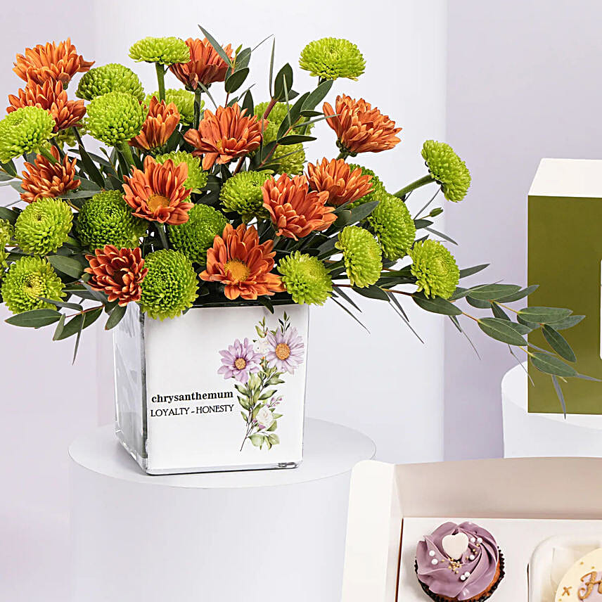 Chrysanthemum Birthday Flowers Vase With Bento Cake