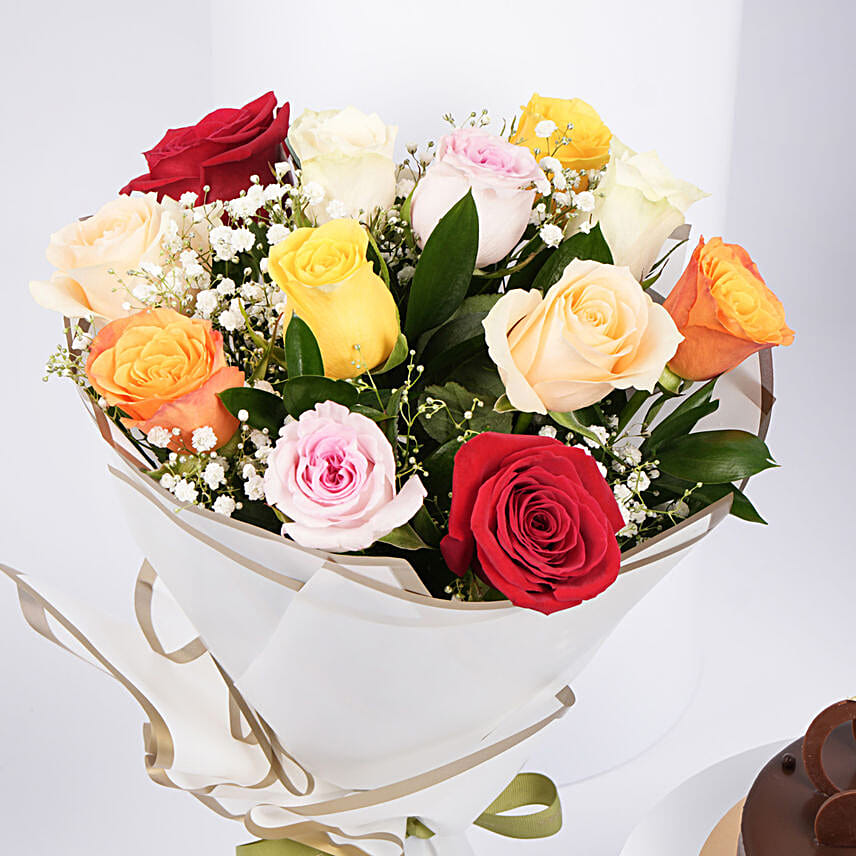 Dozen Multi Roses with Fudge Cake