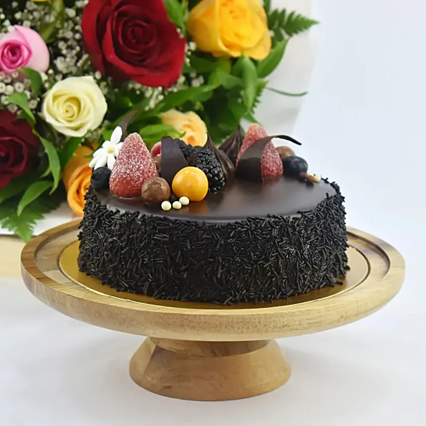 Dozen Multi Roses with Fudge Cake