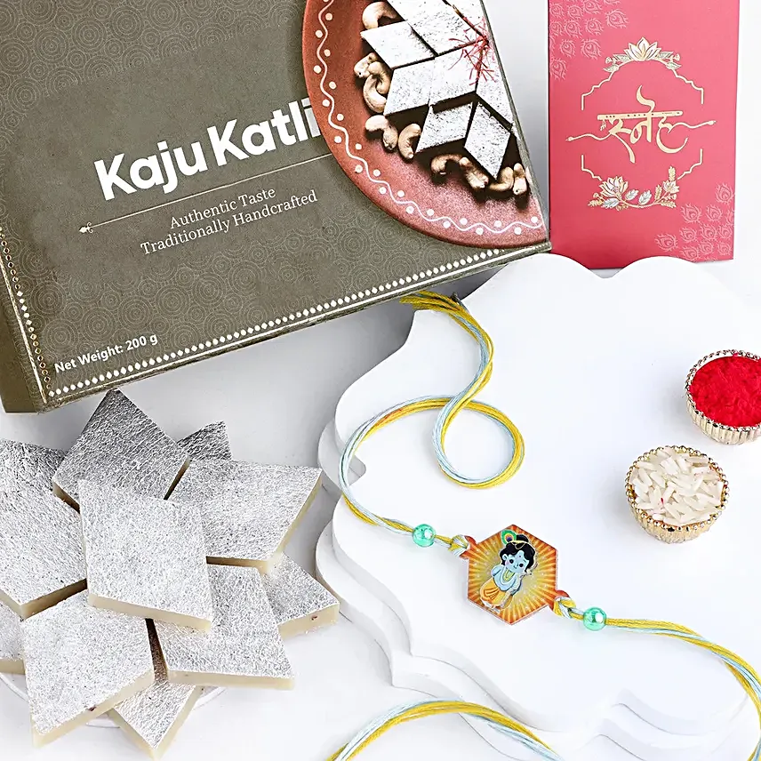 Enchanting Love in 3D Krishna Rakhi N Kaju Katli Delight
