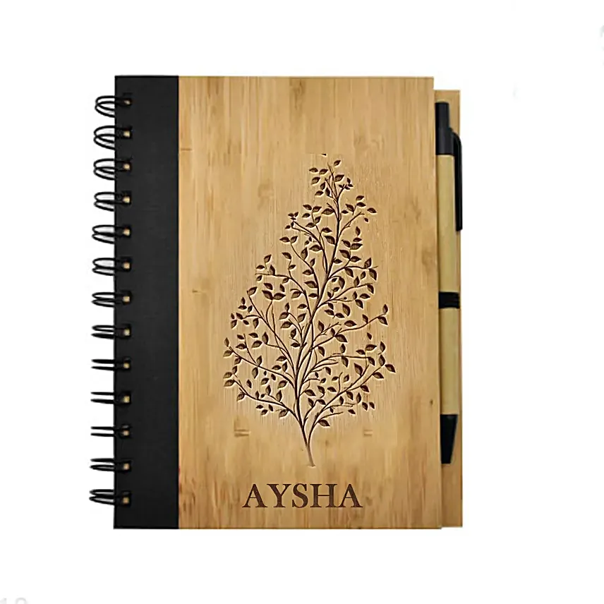 Engraved Text Bamboo Notebook With Pen