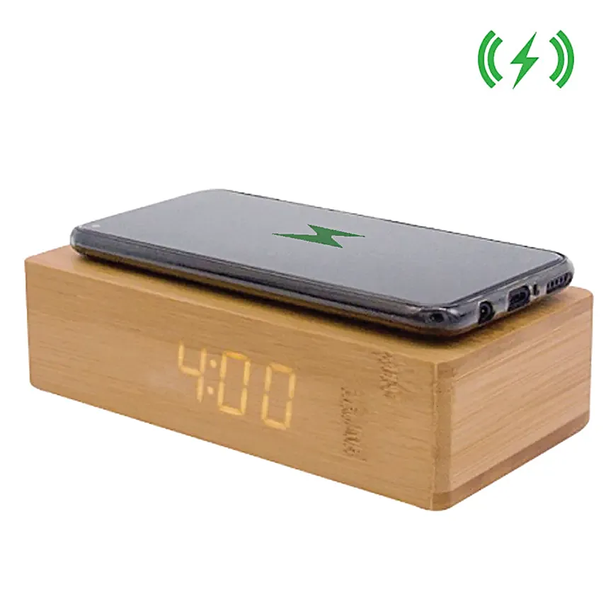 Engraved Text Bamboo Wireless Charger with Clock