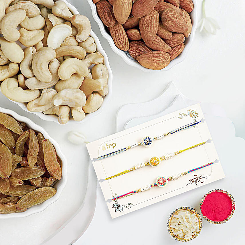 Floral Heritage Round Rakhi Set of 3 With Almonds and Cashew