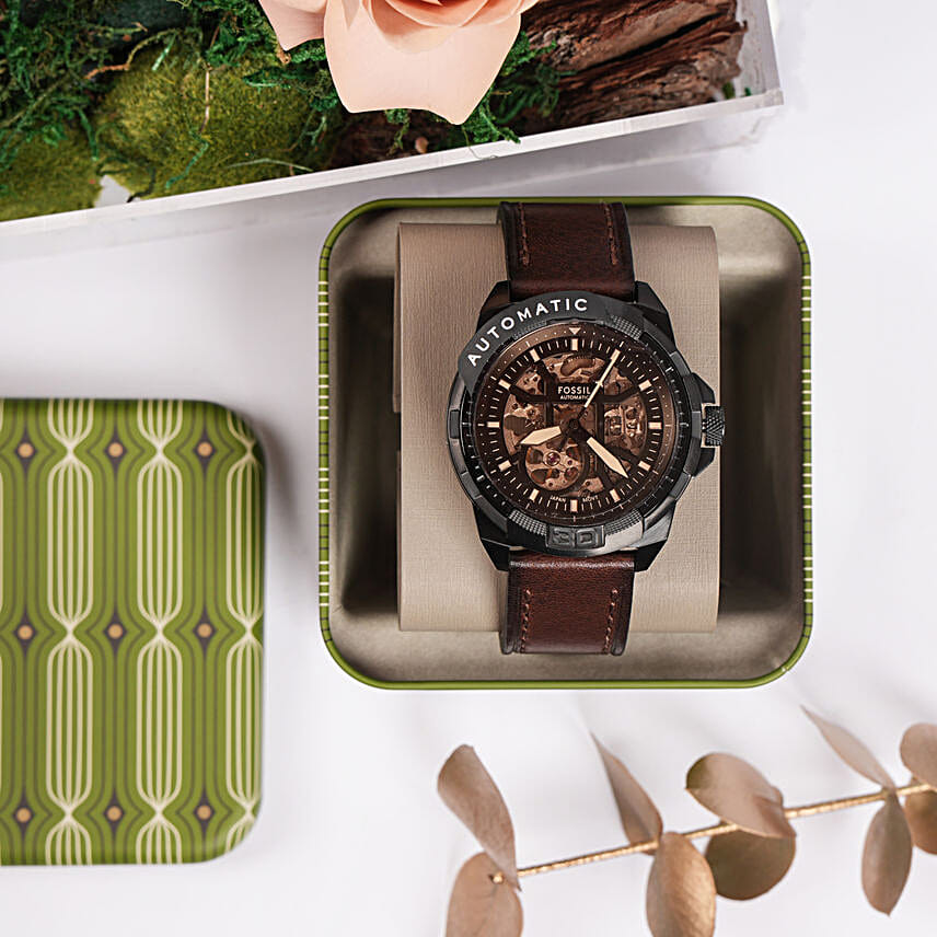 Fossil Bronso Automatic Leather Watch Gift Tray For Him