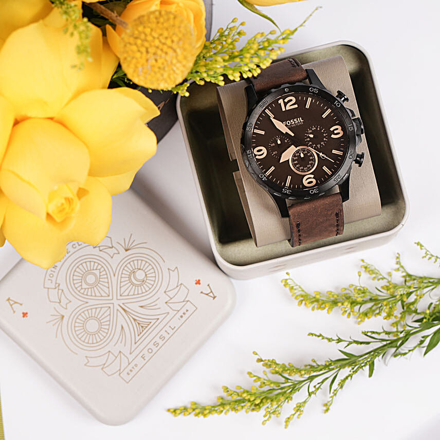 Fossil Brown Leather Watch Gift Box For Him