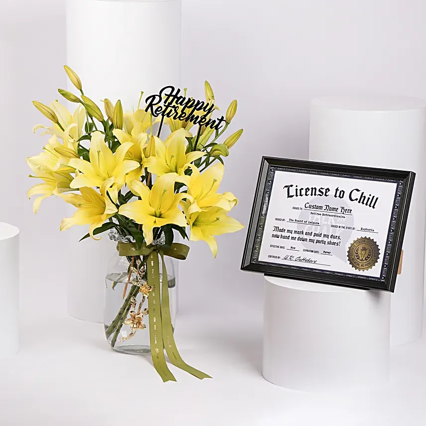 Happy Retirement Lilies in Premium Vase With Personalised Name Frame