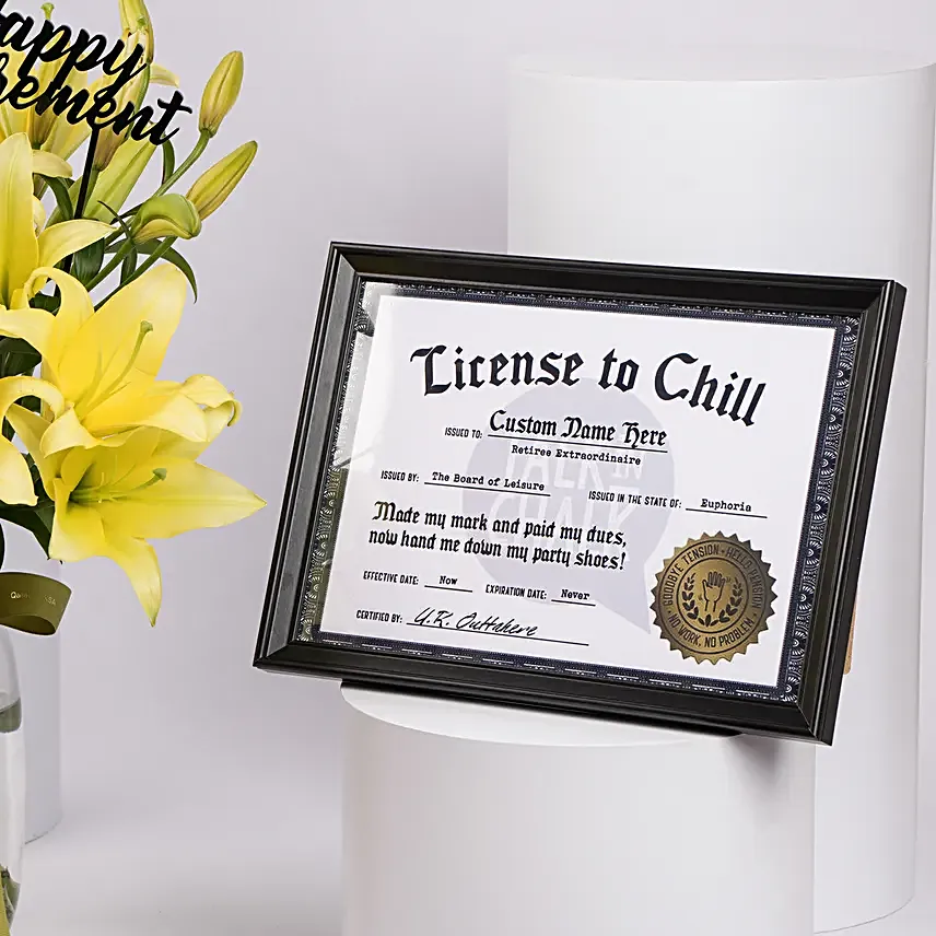 Happy Retirement Lilies in Premium Vase With Personalised Name Frame