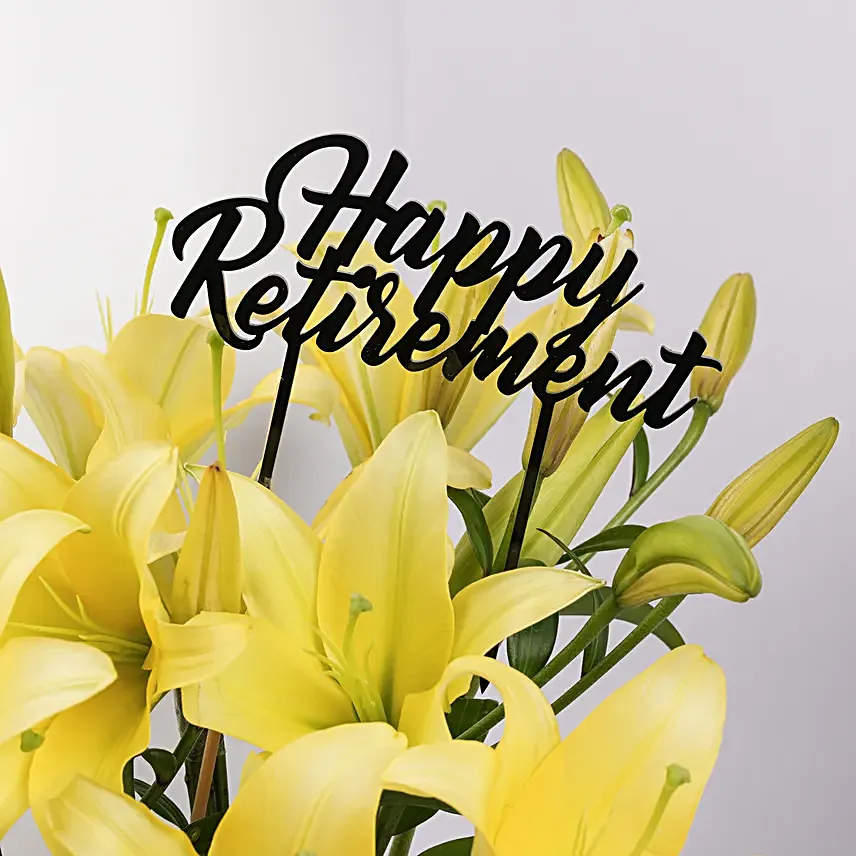 Happy Retirement Lilies in Premium Vase With Personalised Name Frame
