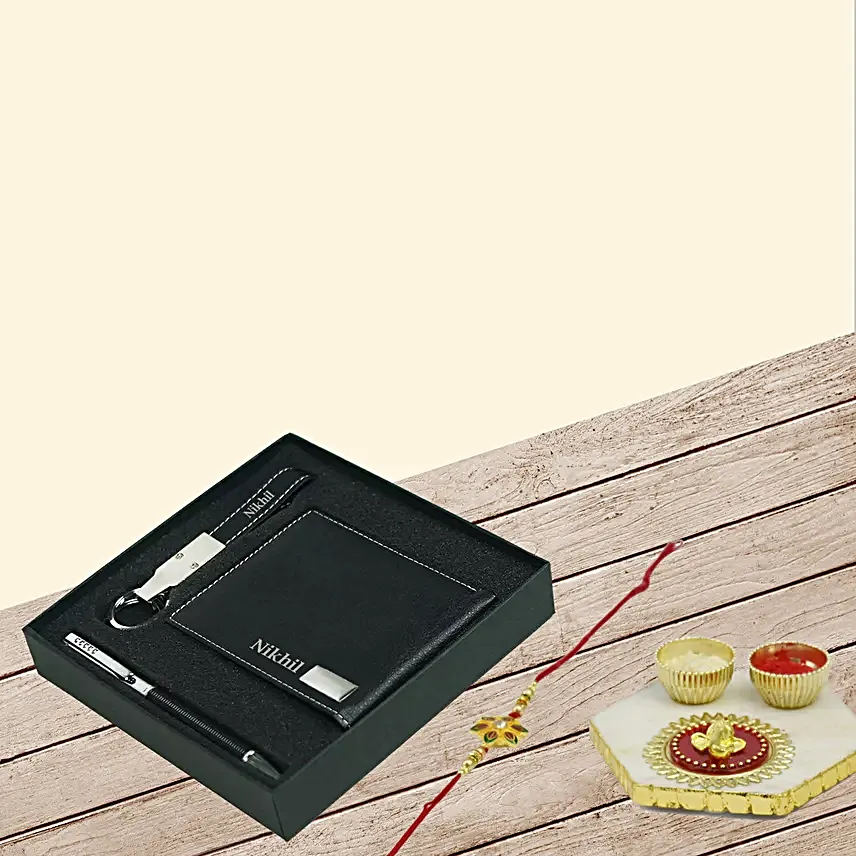 Leather Pen Keychain Wallet Gift Set With Rakhi