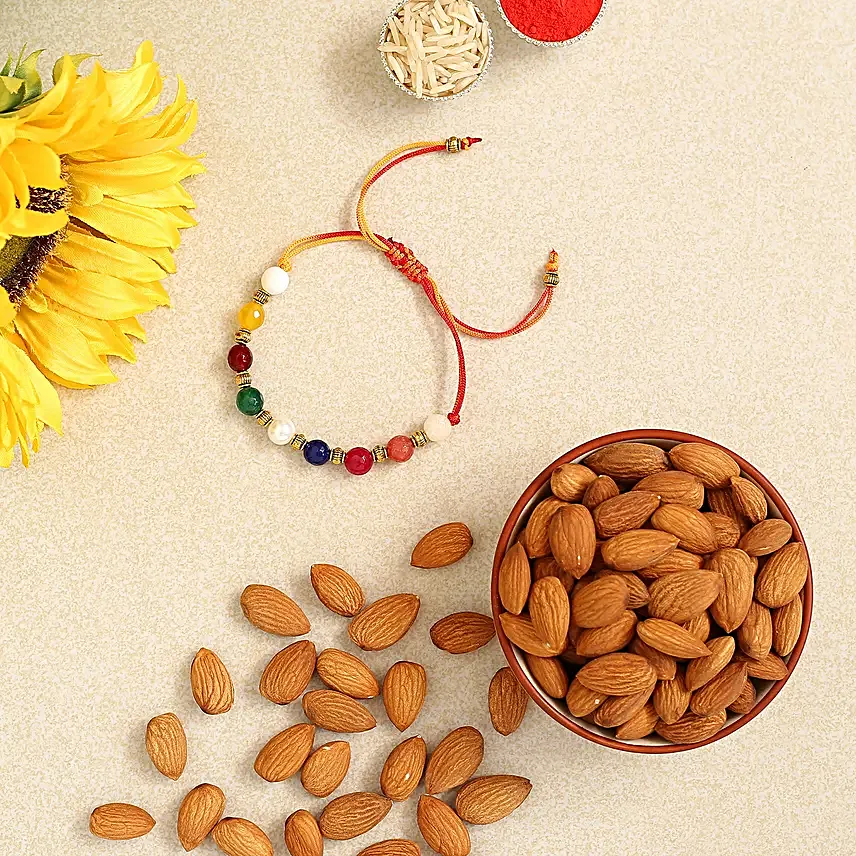 Navrattan Bracelet Pearl Rakhi And Healthy Almonds