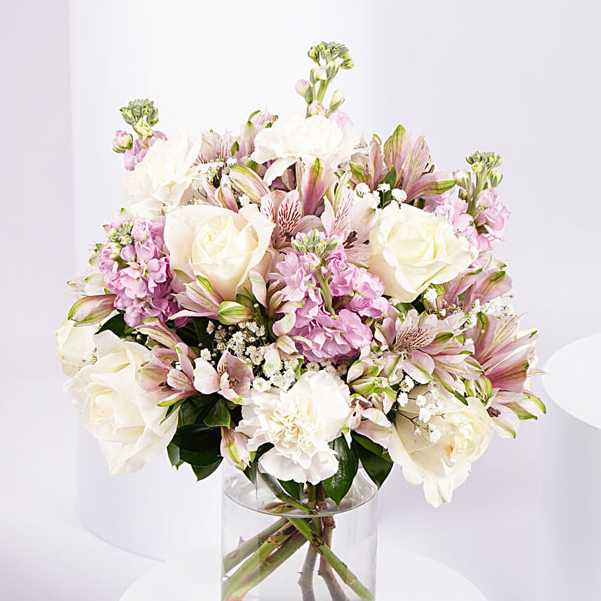 Pink and White Floral Bunch In Glass Vase