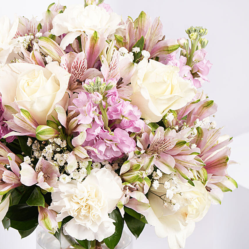Pink and White Floral Bunch In Glass Vase