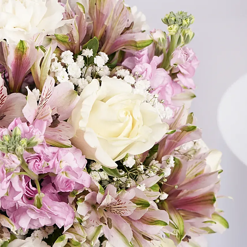 Pink and White Floral Bunch In Glass Vase