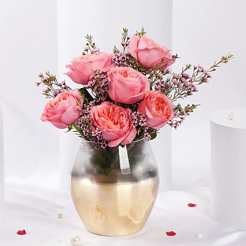 Pink Roses Arrangement In Premium Vase