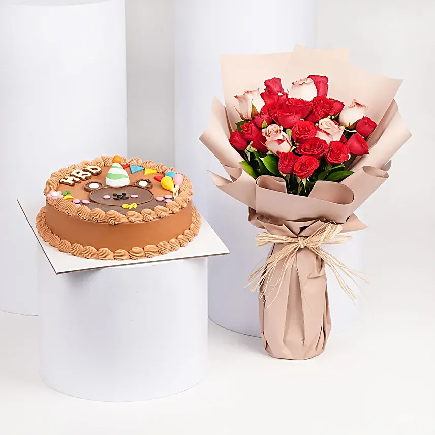 Roses Bouquet with Teddy Birthday Chocolate Cake