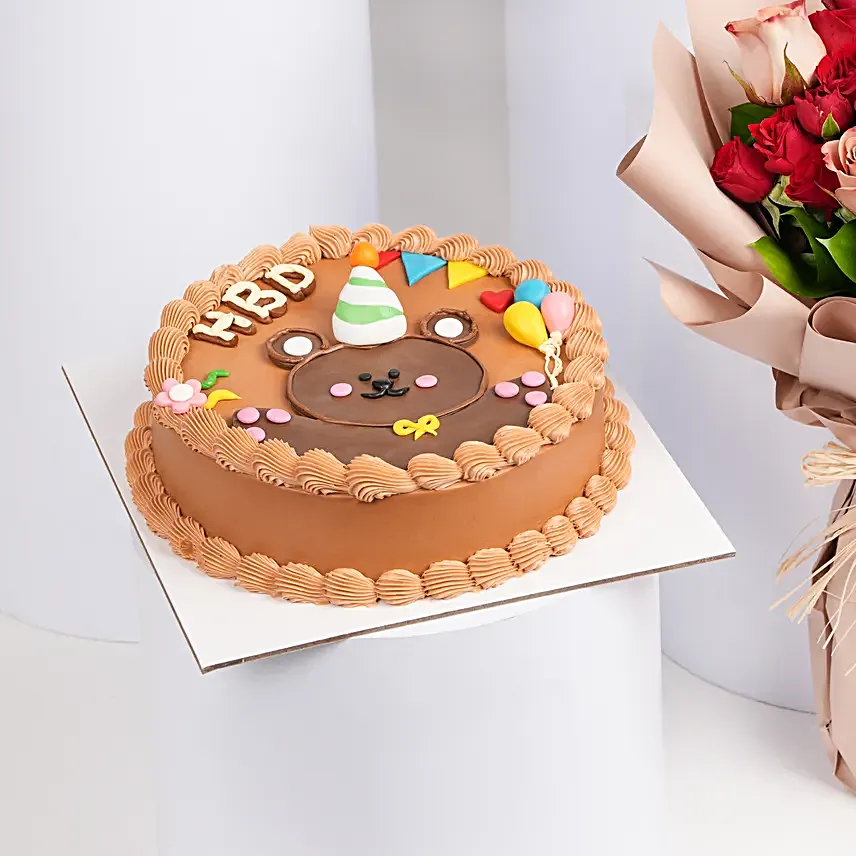 Roses Bouquet with Teddy Birthday Chocolate Cake