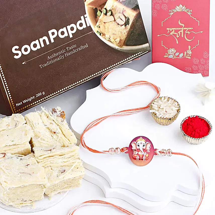 Sculpted Ganesha 3D Rakhi N Almond Soan Papdi