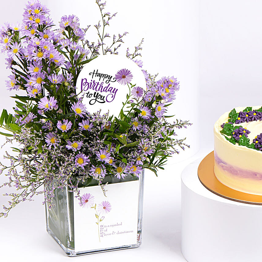 September Birthday Wishes Aster Flowers and Cake