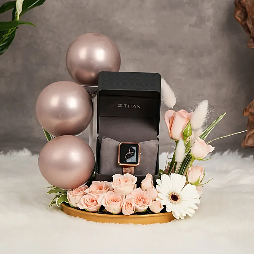 Titan Wander black Mother of pearl strap watch gift arrangment for her