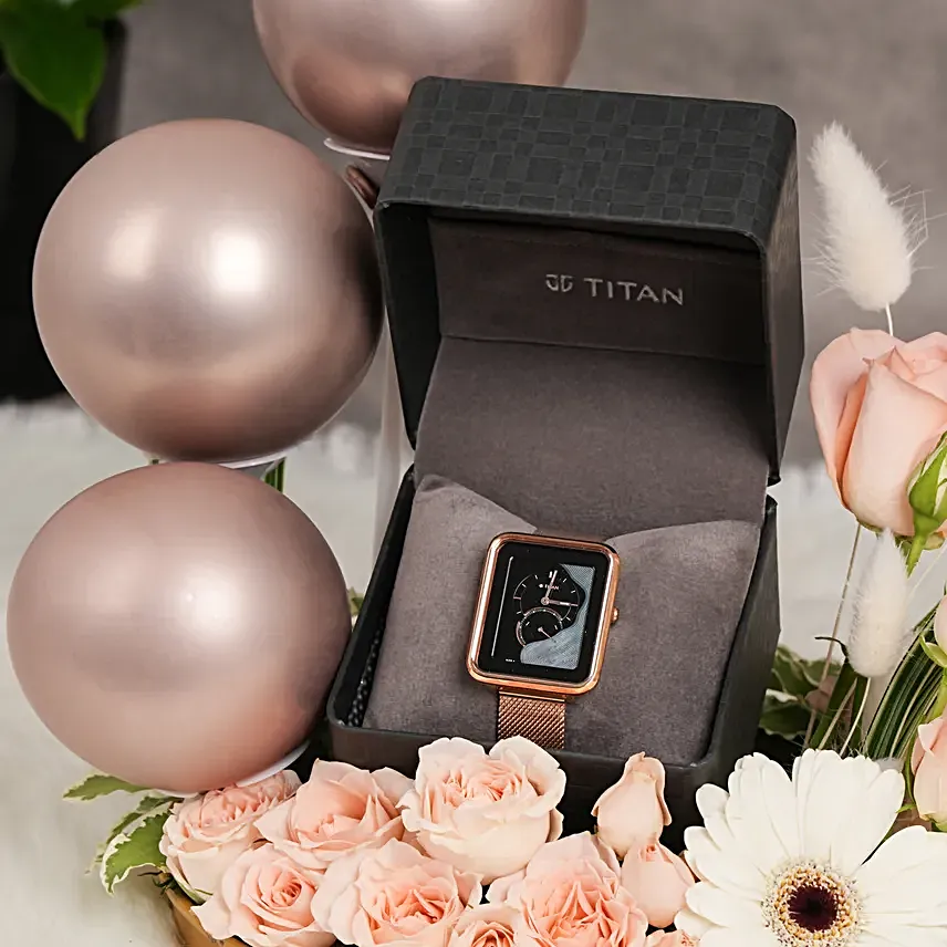 Titan Wander black Mother of pearl strap watch gift arrangment for her