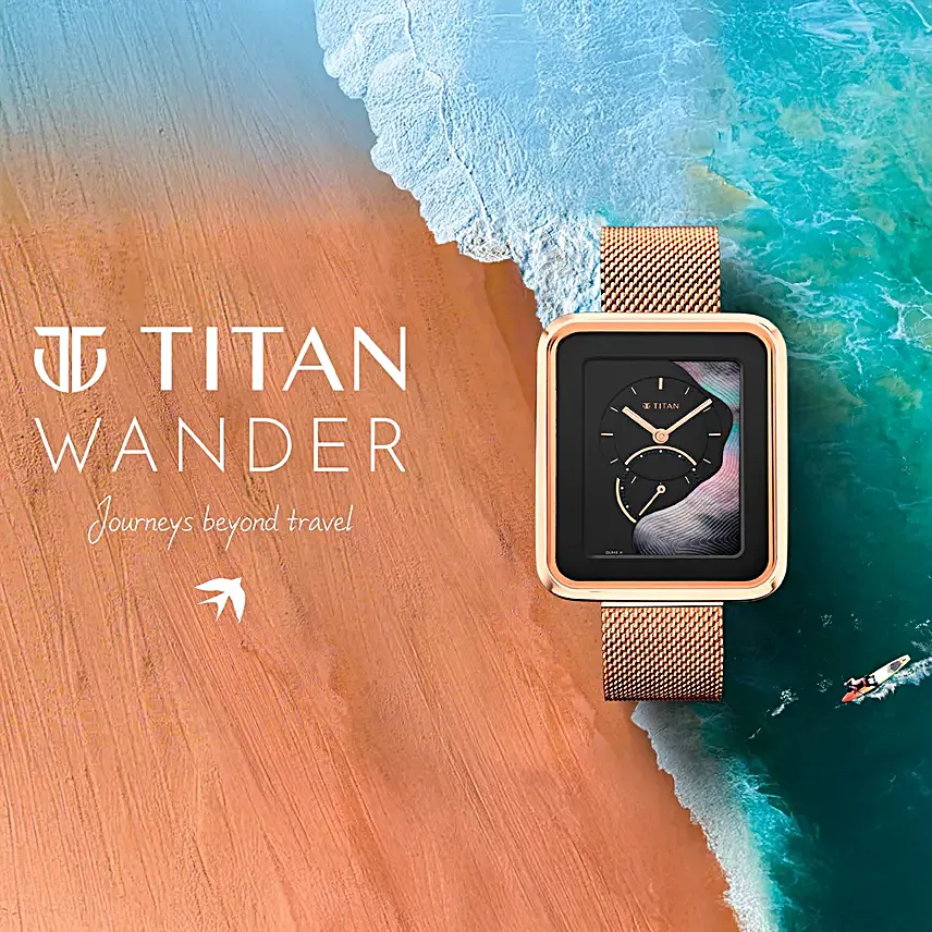 Titan Wander black Mother of pearl strap watch gift arrangment for her