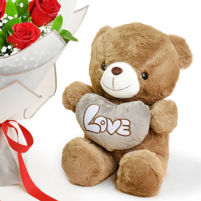 Valentine 6 Roses Bouquet With Teddy