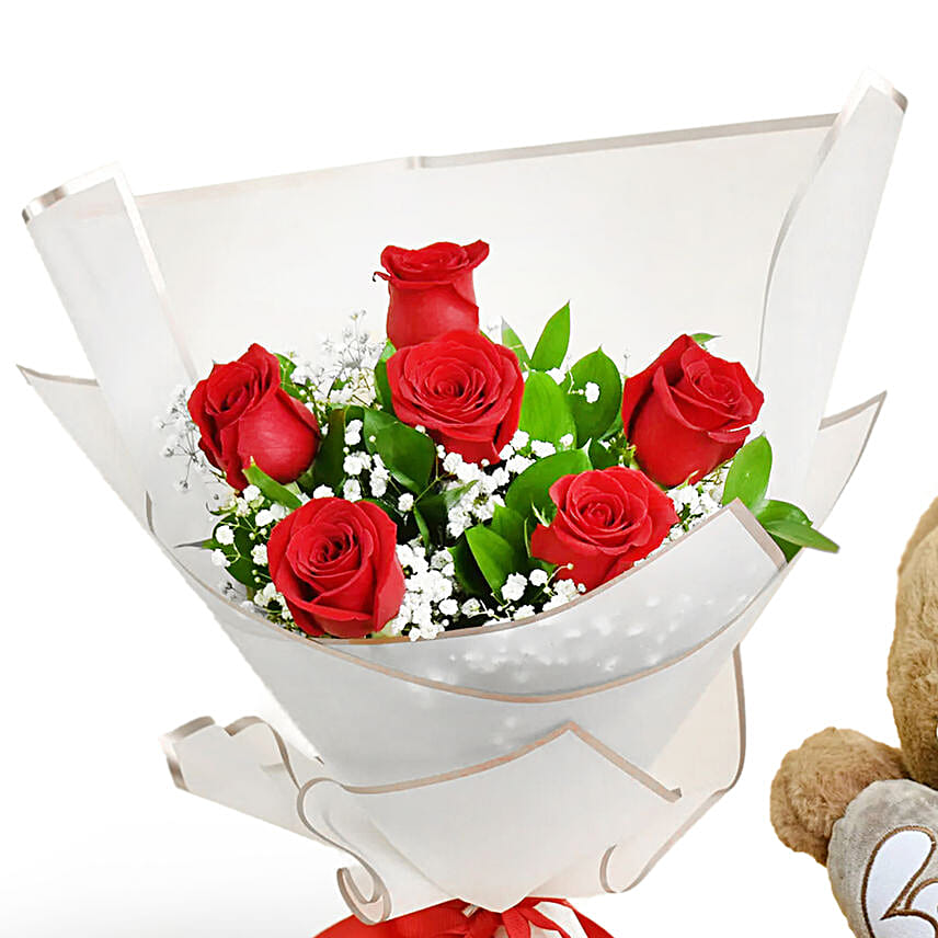 Valentine 6 Roses Bouquet With Teddy