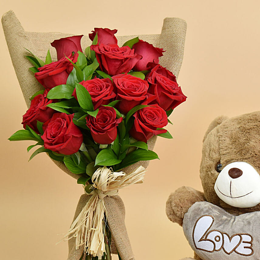 Valentines 12 Roses Bouquet And Teddy