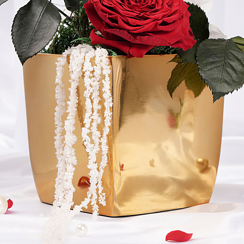 Valentines Red Forever Rose Large  Gold Metal Vase
