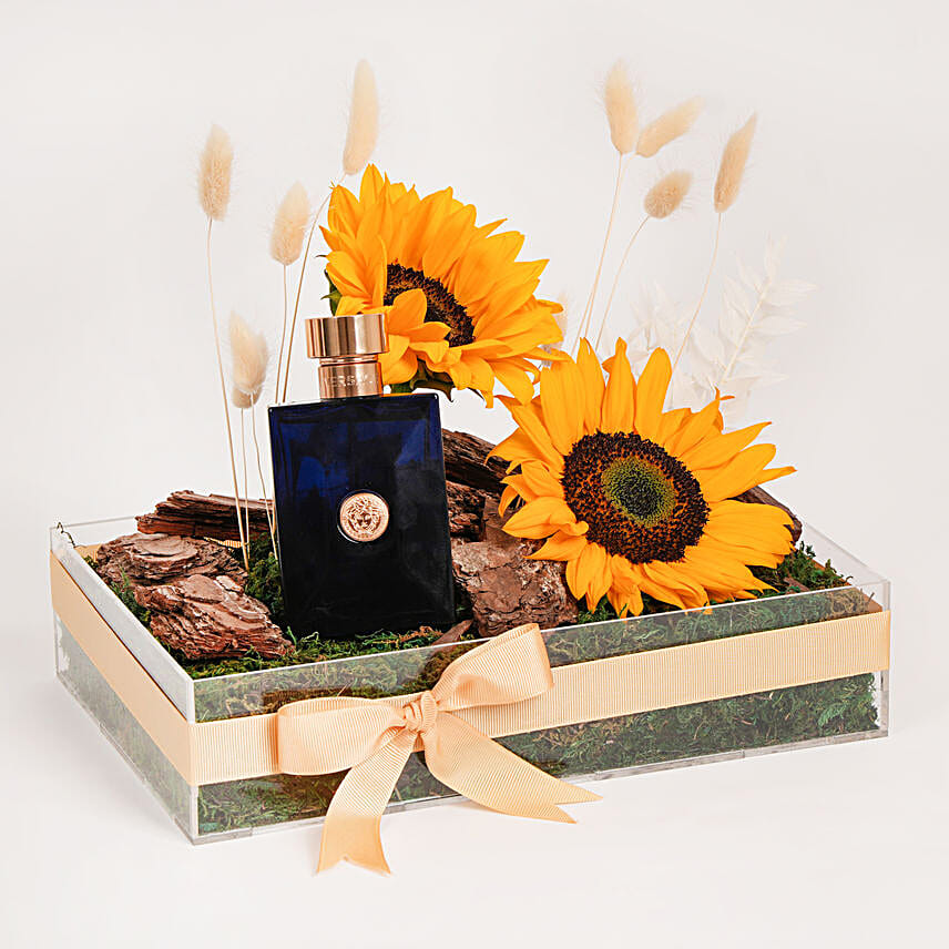 Versace Pour Oud Noir For Him with Sunflowers