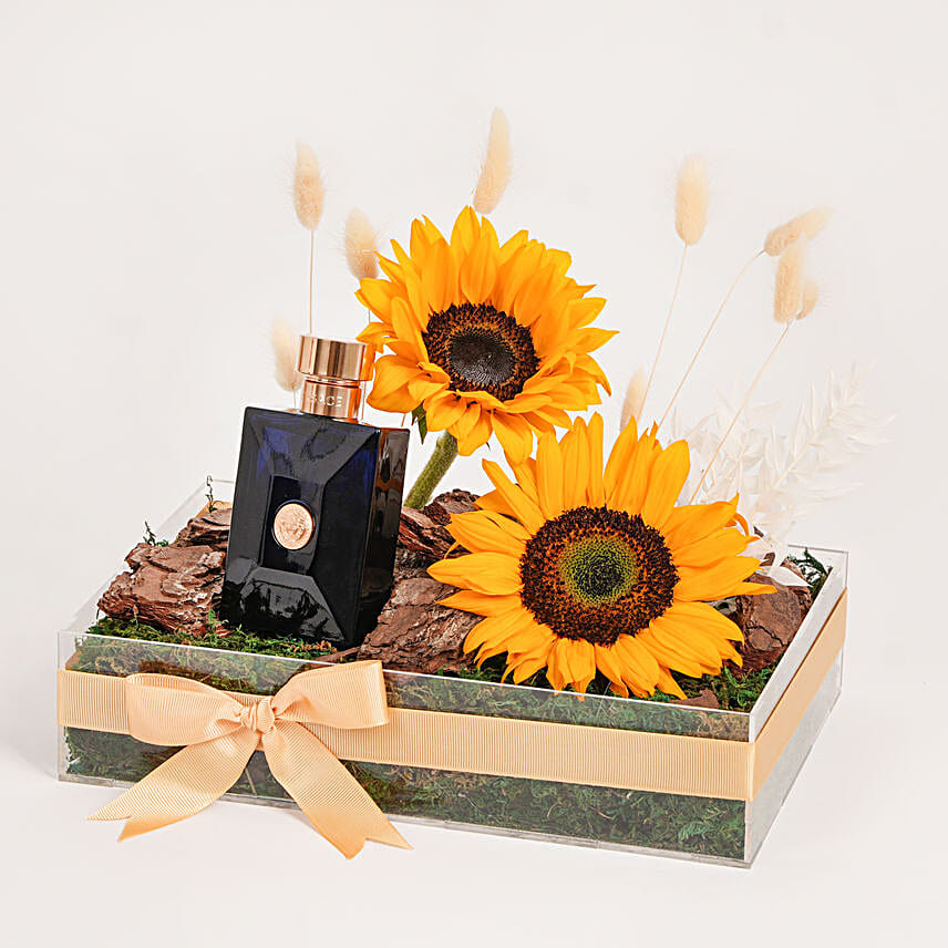 Versace Pour Oud Noir For Him with Sunflowers