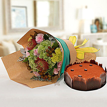 Delightful Flower Bouquet With Tiramisu Cake:Send Ramadan Gifts to UAE