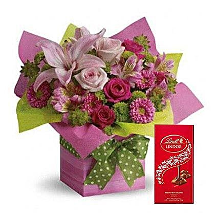 Mixed Flowers Arrangement and Lindt Chocolate Combo:Flowers and Chocolates Delivery in UAE