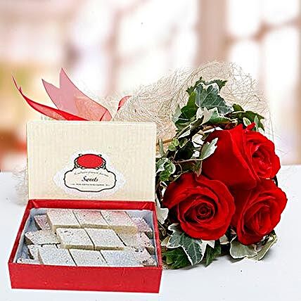 Red Roses Bouquet and Kaju Katli Combo:Flowers and Sweets to Dubai