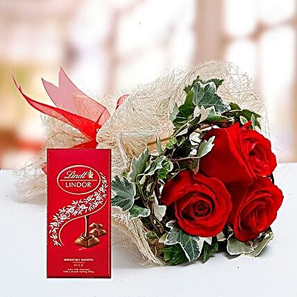 Red Roses Bouquet and Lindt Chocolate Combo:Flowers and Chocolates to Dubai