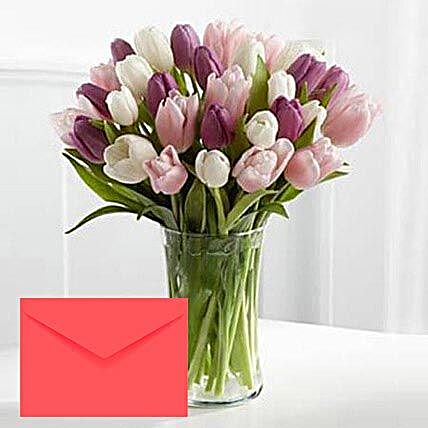 Tulips Vase Arrangement With Greeting Card