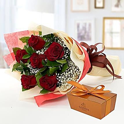 6 Red Roses and Godiva Chocolate Combo:Flowers and Chocolates Delivery in UAE