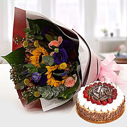 Alluring Flower Bouquet With Blackforest Cake
