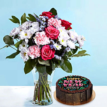 New Year Cake and Colorful Flowers