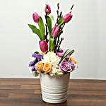 Tulips Roses and Hydrangea Arranged In Ceramic Pot